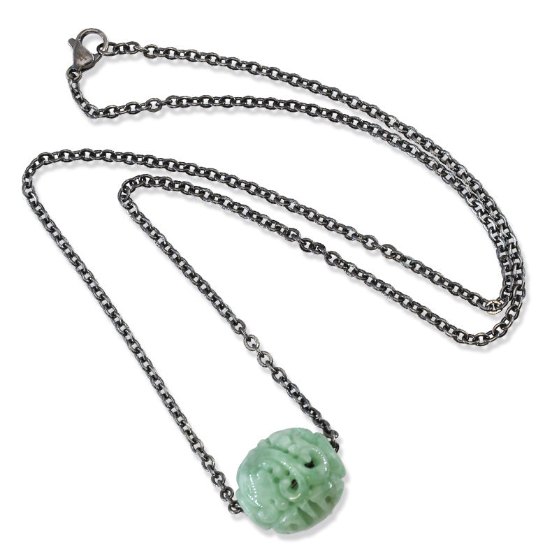 Green Jadeite Jade Carved Dragon and Phoenix Bead Necklace