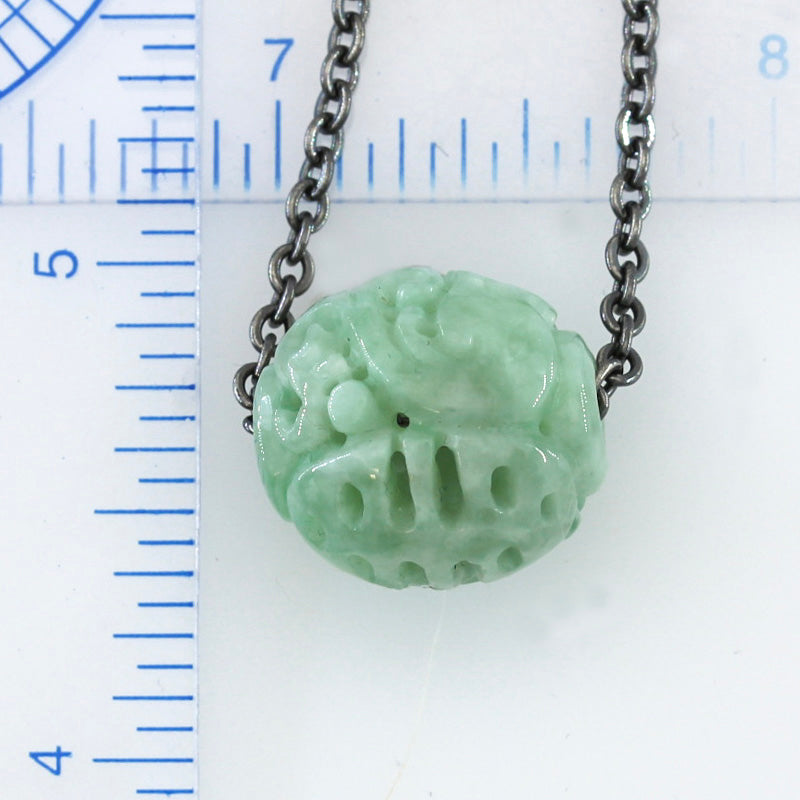 Green Jadeite Jade Carved Dragon and Phoenix Bead Necklace