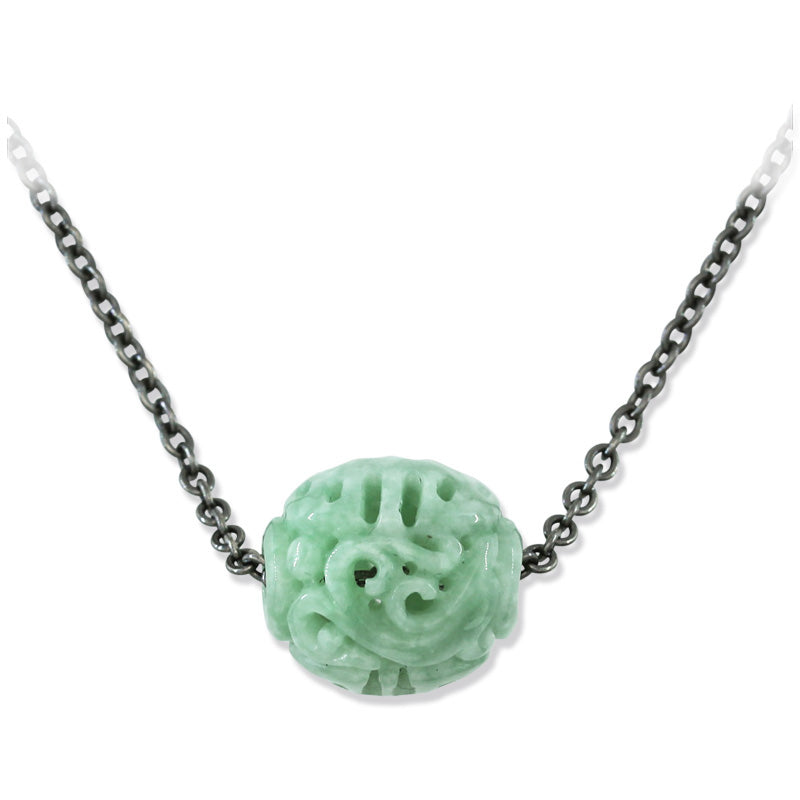 Green Jadeite Jade Carved Dragon and Phoenix Bead Necklace